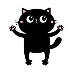 Black cat. Open hand paw print. Kitty reaching for a hug. Happy Valentines Day. Funny Kawaii animal. Cute cartoon baby character. Pet collection. Flat design White background.