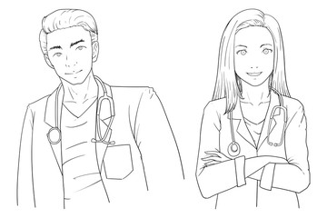 vector illustration of doctors, man and  woman, line art