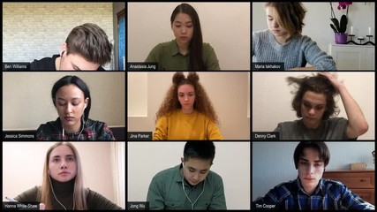 Model released diverse high school students have a distance learning class group call, studying from home. Quarantine remote education. 4k UHD - Powered by Adobe