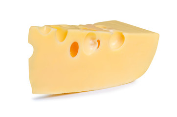A piece of cheese with holes on white background isolation