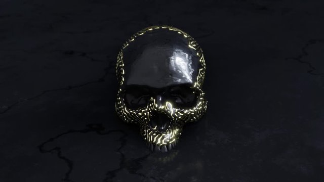 Dark skull with growing golden pattern based on a reaction-diffusion formula - 3D rendering