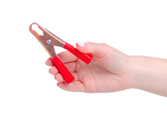 Clamping terminals tool in hand on white background isolation