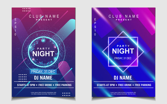 Night dance party music layout design template background with dynamic gradient style. Colorful electro style vector for concert disco, club party, event flyer invitation, cover festival poster