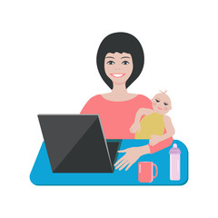 Young woman with a child sitting at a computer - isolated on white background - vector. Work from home. Quarantine.