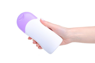 White bottle shower gel in hand beauty on white background isolation