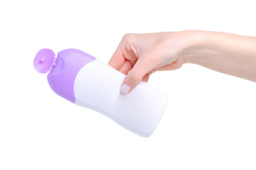 White bottle shower gel in hand beauty on white background isolation