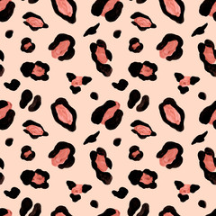 Watercolor leopard or cheetah skin seamless pattern. African animal coat print, wild cat fur design wallpaper on light pink grey background. Hand drawn fashion texture © Anna Nekotangerine