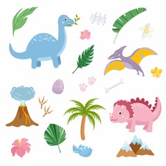 Set of cute dinosaurs isolated on white background. Kids illustration. Funny cartoon Dino collection and prehistoric elements. Tropical leaves, volcano, dino eggs.