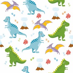 Seamless pattern with cute dinos. Cute dinosaurs isolated on white background. Kids illustration. Funny cartoon dino and prehistoric elements.