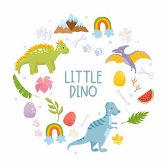 Little Dino. Cute childish card with dinosaurs, rainbow, tropical leaves. Baby Shower or Birthday template design. Child illustration design template.