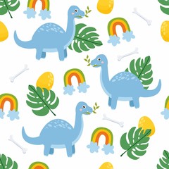 Seamless pattern with cute dinos. Cute dinosaurs isolated on white background. Kids illustration. Funny cartoon dino and prehistoric elements.