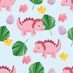 Seamless pattern with cute dinos. Cute dinosaurs isolated on white background. Kids illustration. Funny cartoon dino and prehistoric elements.
