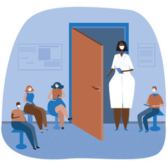 Big Doctor and small patients in the corridor while visiting a medical clinic or hospital, flat stock vector illustration with therapist and door as a waiting concept