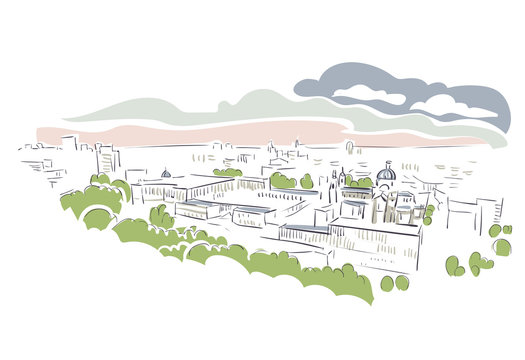 cityscape sketch with green trees and sky clip art preview