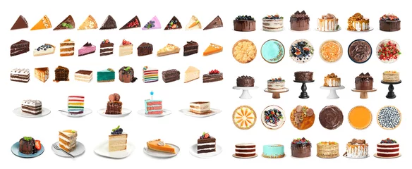 Fotobehang Set of different delicious cakes isolated on white. Banner design © New Africa