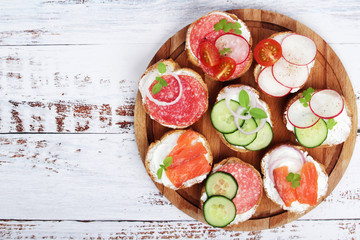 Top view on different sandwiches, flat lay