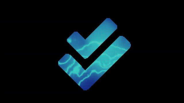 The symbol check double is assembled from small balls. Then it shimmers with blue. It crumbles and disappears. In - Out loop. Alpha channel Premultiplied - Matted with color black