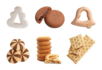 Set of different delicious cookies on white background