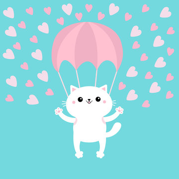 Happy Valentines Day. Cat skydriver. Flying with parachute. Cute cartoon kawaii funny character. Love Parachuting skydiving sport. Pet baby print. Pink heart set. Flat design. Blue background.