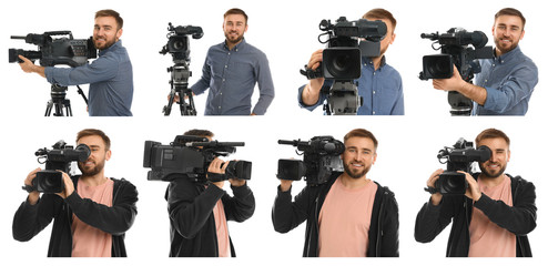 Collage of operator with professional video camera on white background. Banner design