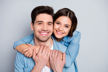 Fototapeta premium Closeup photo pretty lady handsome guy couple cuddle hugging together hold hands romantic feelings tender emotions wear casual denim shirts outfit isolated grey color background