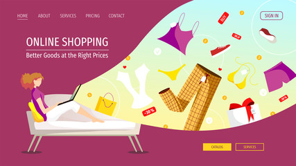 Web page design template for Clothing store, Online Shopping, Home delivery. Young woman sitting on the sofa and ordering clothes. Vector illustration for poster, banner, website, commercial.