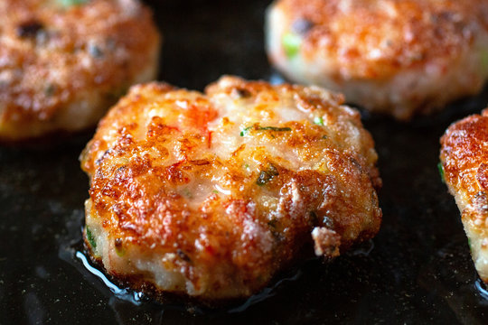 Vietnamese Style Crispy Shrimp Cakes Being Fried