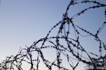 Barbed wire against the blue sky.copyspace for text.
