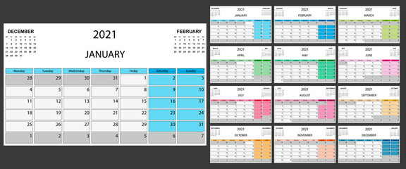 Calendar 2021 yearly. Week starts on Monday. Vector illustration.	