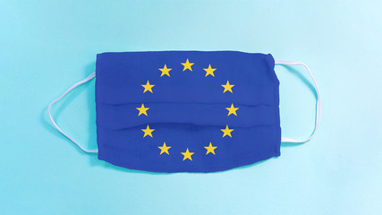 europe union flag on medical facemask for safety anti coronavirus outbreak