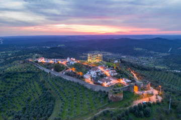 Obraz premium Evoramonte drone aerial view of village and castle at sunset in Alentejo, Portugal
