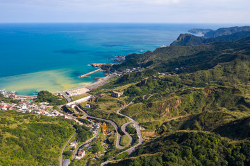 Aerial view Ruifang town and Yin and Yang Sea in New Taipei city, Taiwan