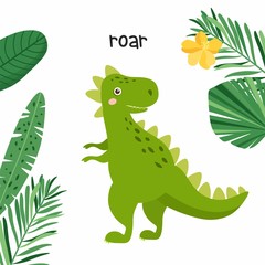 Greeting card with dino isolated on white background. Roar Kids illustration. Funny cartoon Dino in tropical leaves.