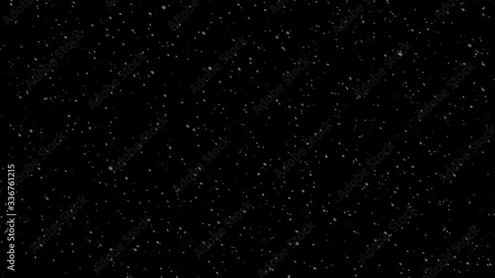 Poster falling snow flakes. snowfall with wind. low speed animated video in isolated black background.