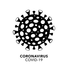Black silhouette of coronavirus bacteria cell icon, COVID -19 on a white background. isolated object. Worldwide pandemic concept. Vector illustration