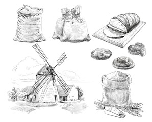 Collection of natural elements - bread, grain, mill, flour, baking sketch illustration - Black and white graphics © Yuri