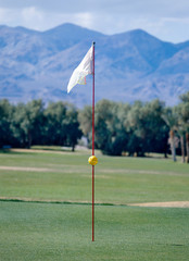 Obraz premium A white golf flag blowing in the wind