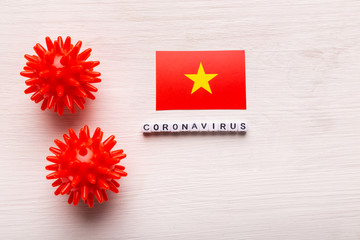 Abstract virus strain model of 2019-nCoV middle East respiratory syndrome coronavirus or coronavirus COVID-19 with text and flag Vietnam on white background. Virus pandemic protection concept.