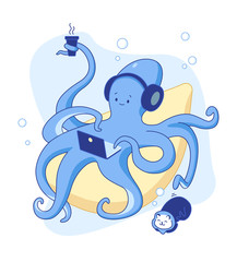 Cute blue octopus works at home. Work from home. Stay at home © Full_Size