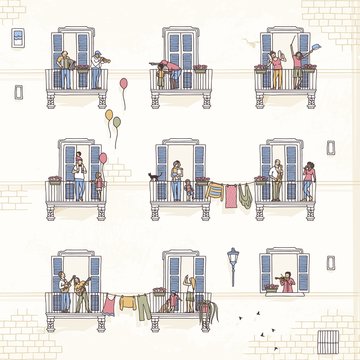 Illustration of tiny people at home in quarantine, making music from their balconies, coronavirus pandemic 2020