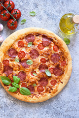 Salami and basil pizza. Pizza on the kitchen table, top view.
