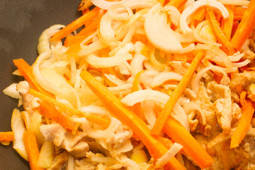 Onions, carrots and meat cut into strips are fried in a non-stick pan
