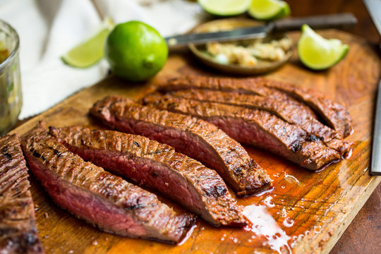 Slices of grilled flank steak