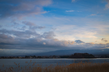 Sunset with Mount Fuji at Kawaguchiko Lakes in an evening 2020, One of the Fuji Five Lakes