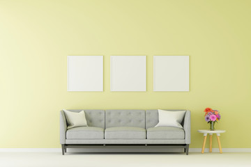 Group of picture frame mock up with sofa in living room. 3d rendering.