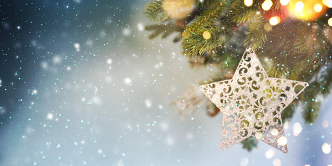 Christmas Ornament On Wooden Background With Snowflakes, Greeting card Merry Christmas and Happy...