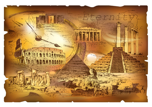 Collage on the theme of eternity contains images of ancient architecture and ruins, who went through time on the backdrop of charred paper. Vector illustration.