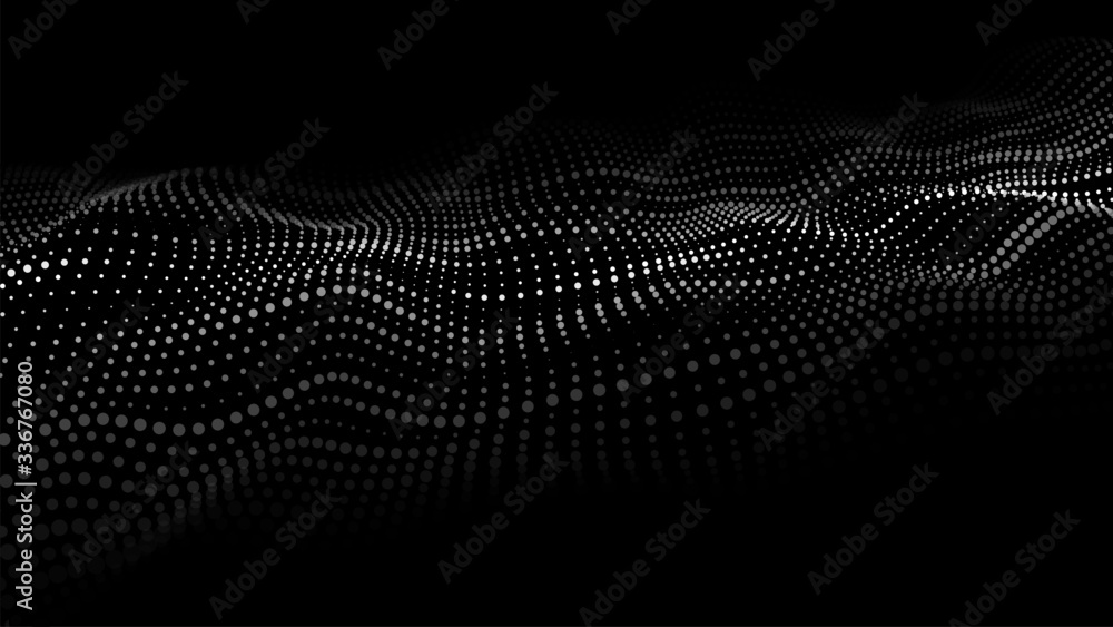Poster Wave of particles. Abstract background with a dynamic wave. Big data. Vector illustration.