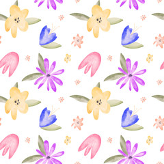 Fototapeta na wymiar Colored flower buds watercolor texture digital art digital seamless pattern on white background. Print for fabrics, banners, web design, posters, invitations, cards, stationery, wrapping paper.