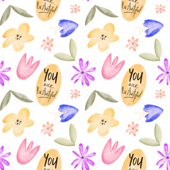 Colored flower buds watercolor texture digital art digital seamless pattern on white background. Print for fabrics, banners, web design, posters, invitations, cards, stationery, wrapping paper.